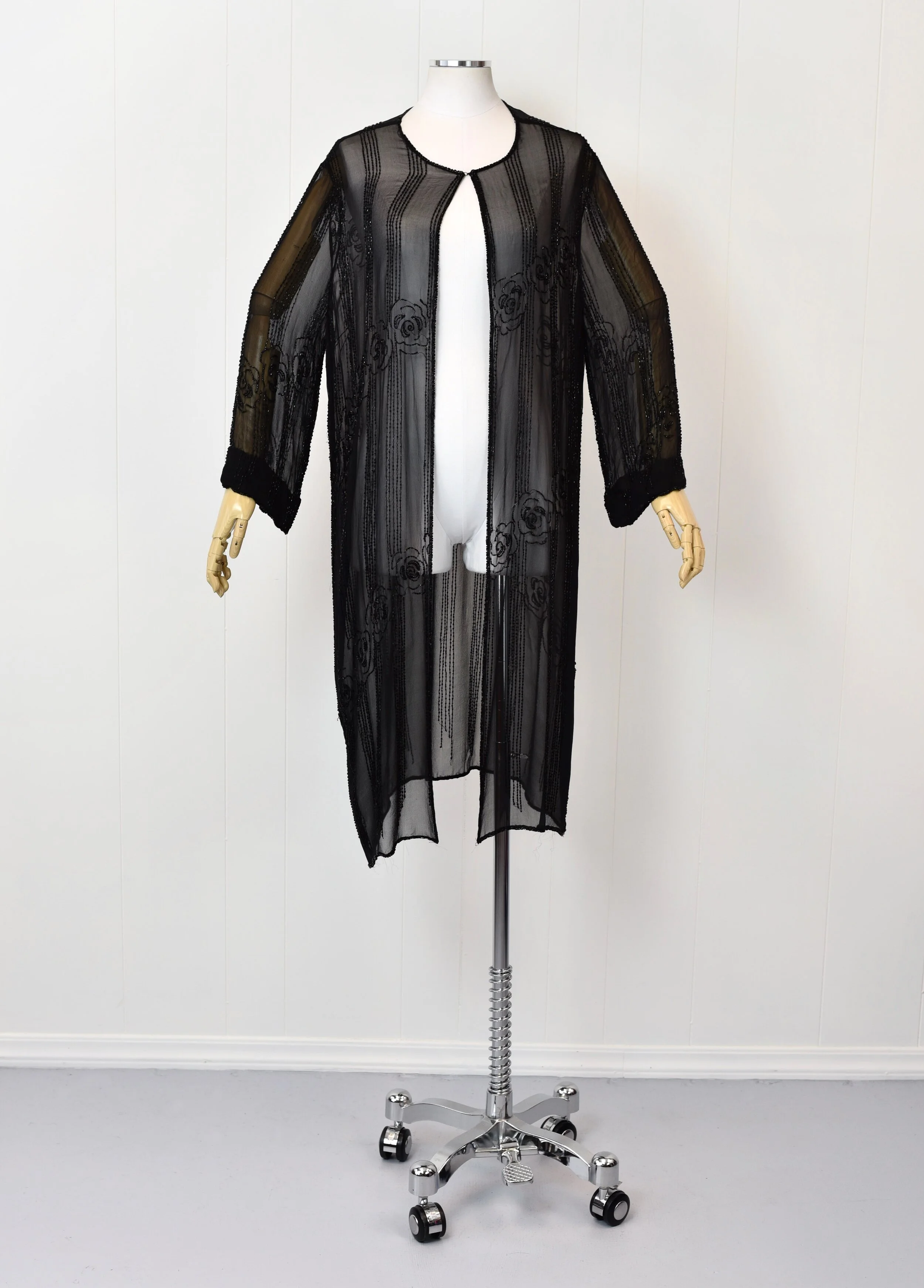 RARE 1920s Beaded Black Silk Chiffon Flapper Duster Jacket